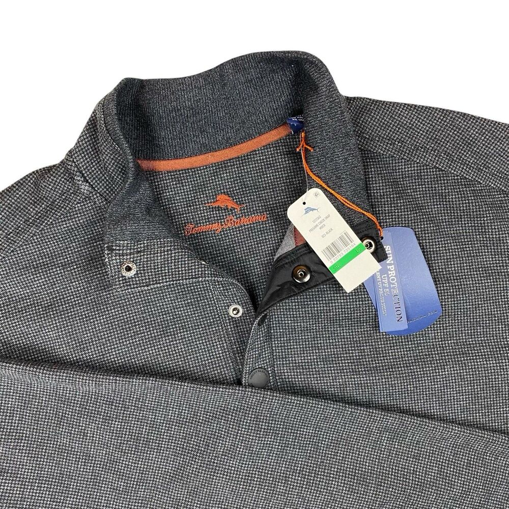 Tommy Bahama Pregame Check 1/4 Snap Mock Pullover L Black Grey Golf UPF 50 NWT